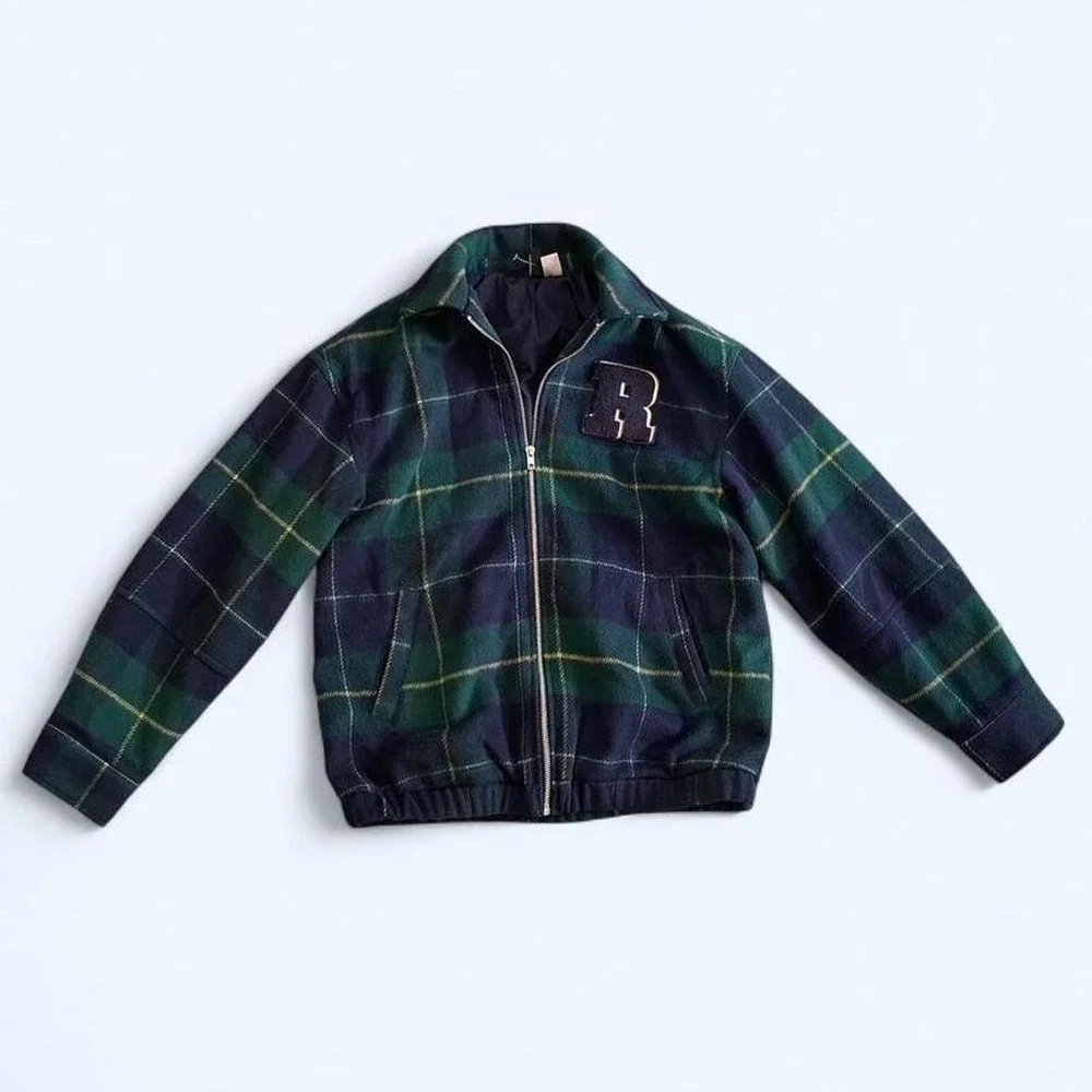 Green navy plaid bomber jacket with R initial size XXS‎